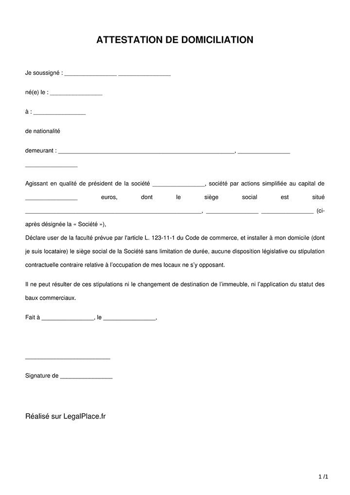 Document modèle Attestation de domiciliation à titre gratuit