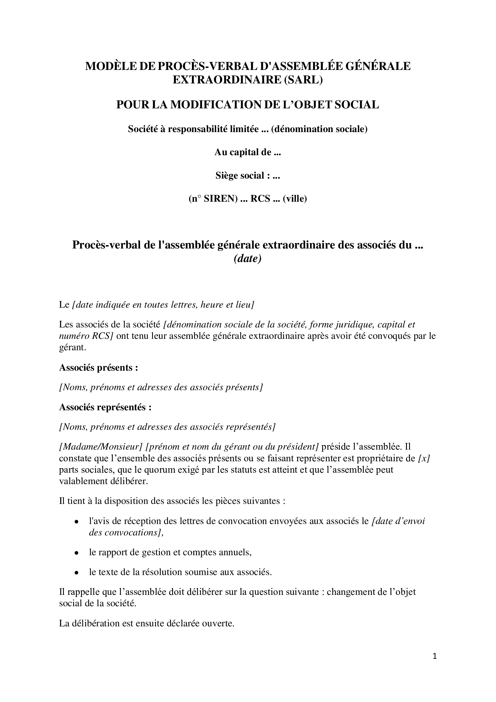 Modèle pv modification statuts sas