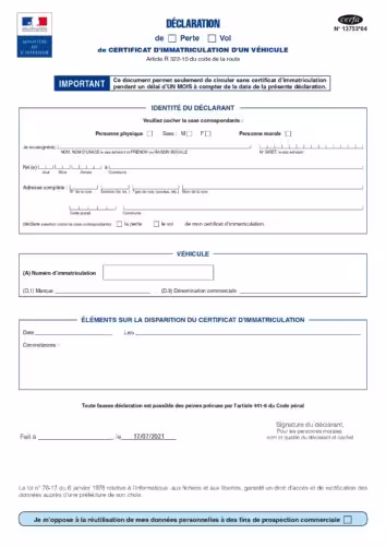 Formulaire Cerfa de déclaration de perte ou de vol de carte grise