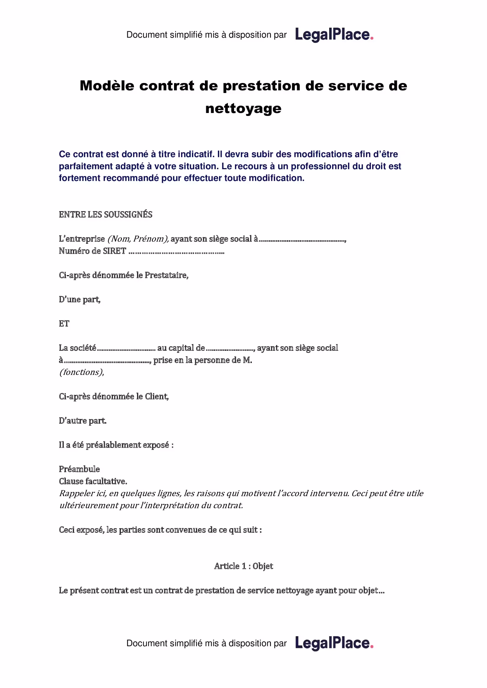 Modèle de contrat de prestation de service de nettoyage