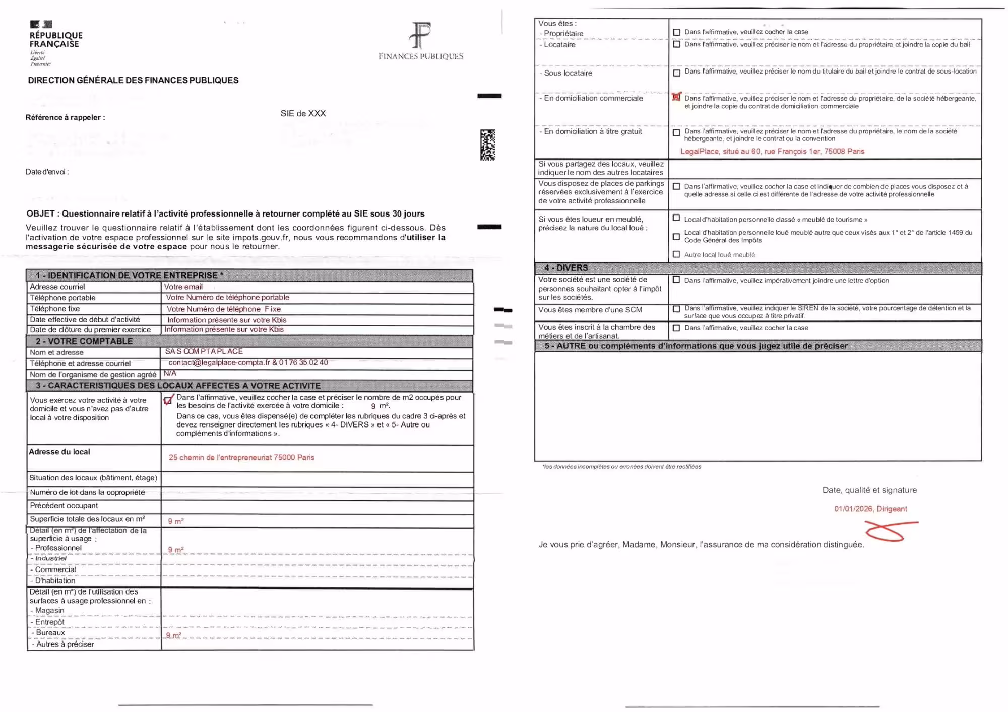Exemple de questionnaire relatif à l'activité professionnelle