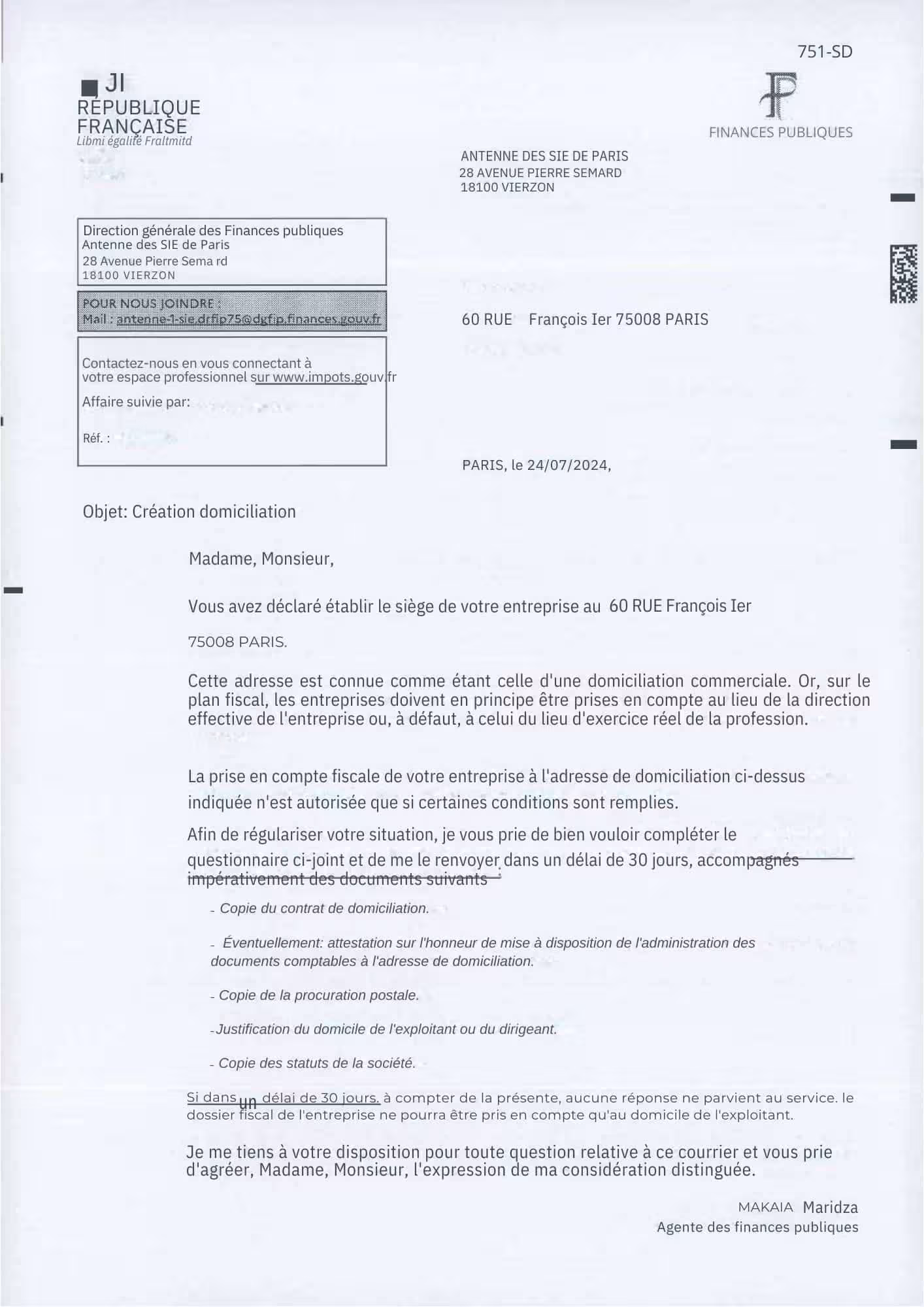 Exemple formulaire création de domiciliation courrier
