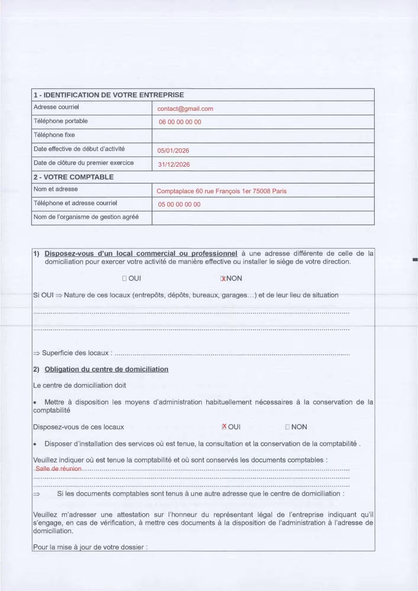 Exemple formulaire création de domiciliation page 1