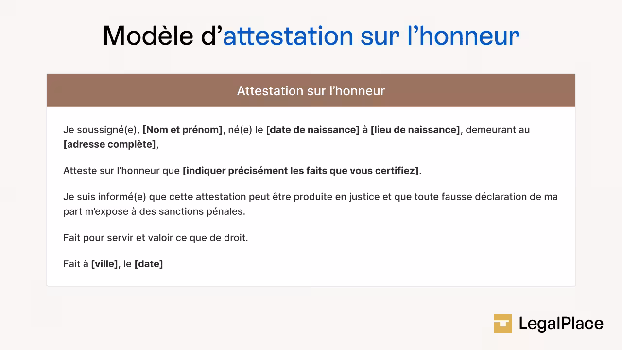 Modèle d'attestation sur l’honneur