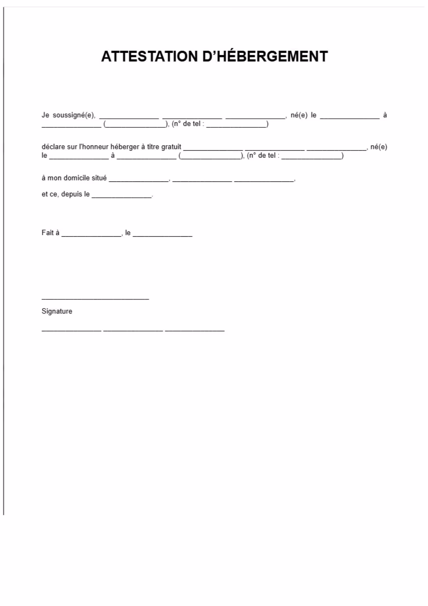 modele attestation d'hébergement à compléter