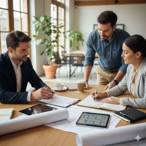 Trois adultes autour d’une table en train de discuter ou signer un contrat immobilier