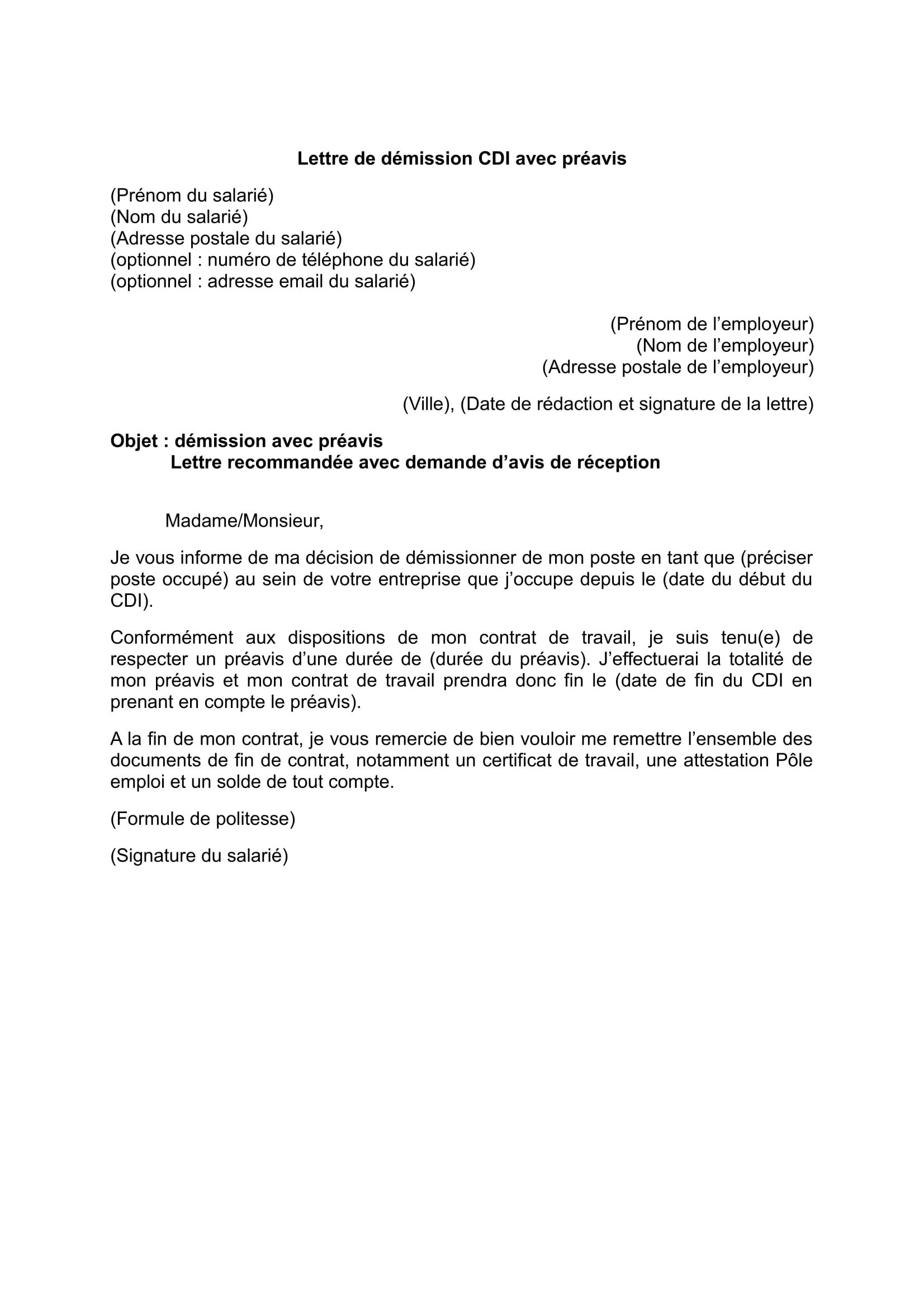 Lettre de démission gratuite