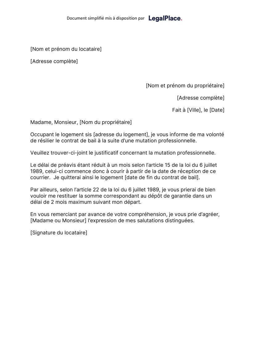 Lettre de résiliation pour une demande de mutation - Modèle