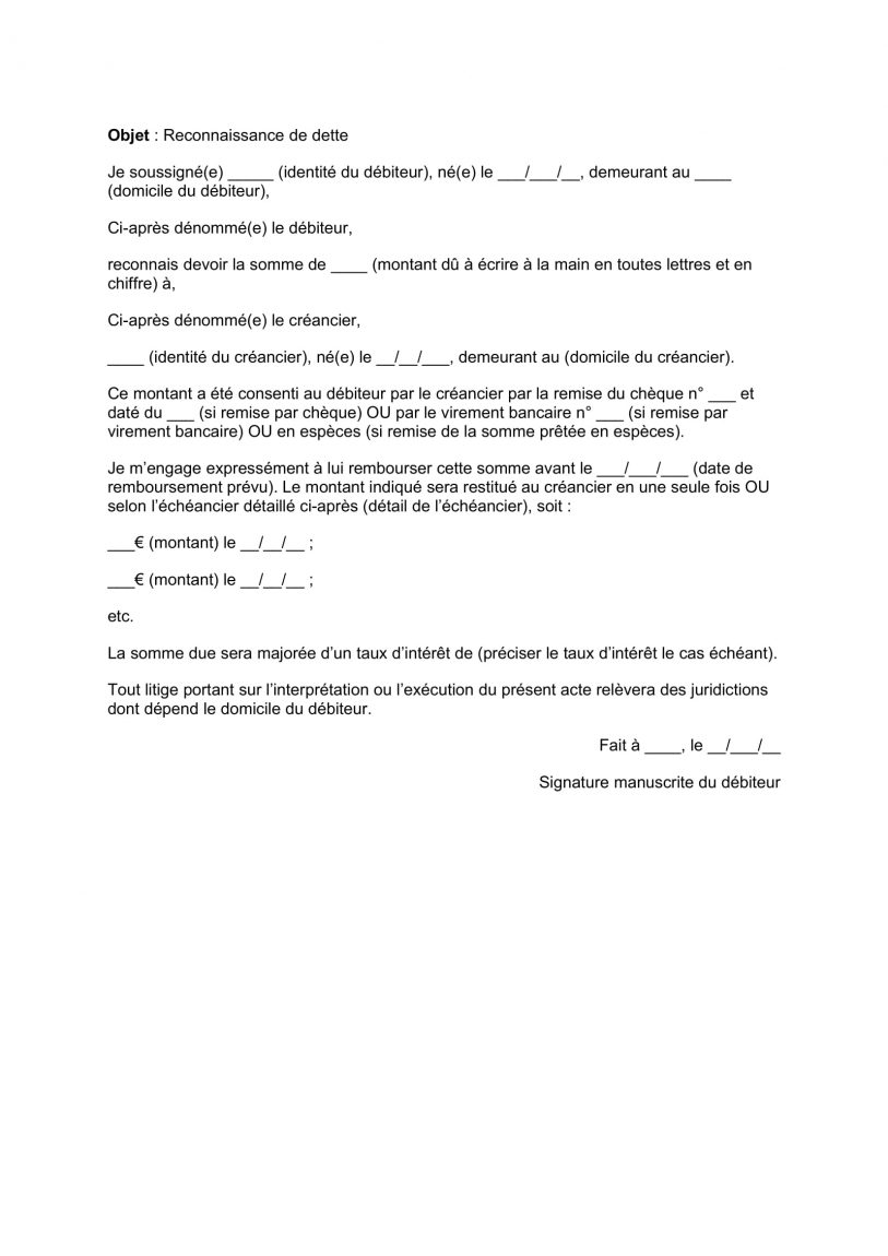 Mod le de reconnaissance de dette gratuit t l charger