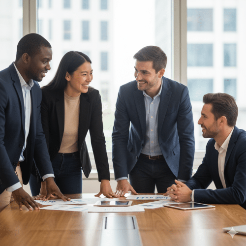 Des collègues discutent autour d'un bureau sur la SCI et la TVA