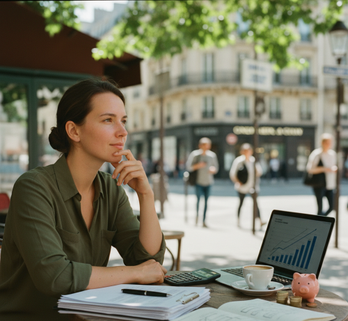 Femme qui fait son budget de création d'une SASU à une terrasse de café