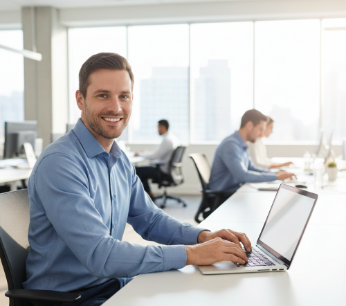 Homme souriant en tenue de bureau sur son ordinateur