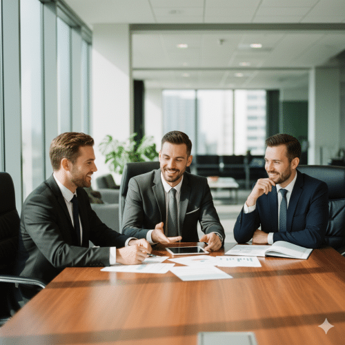 Hommes assis sur un bureau d'entreprise en train de discuter