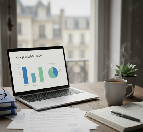 Ordinateur sur un bureau avec charges sociales SASU sur l'écran