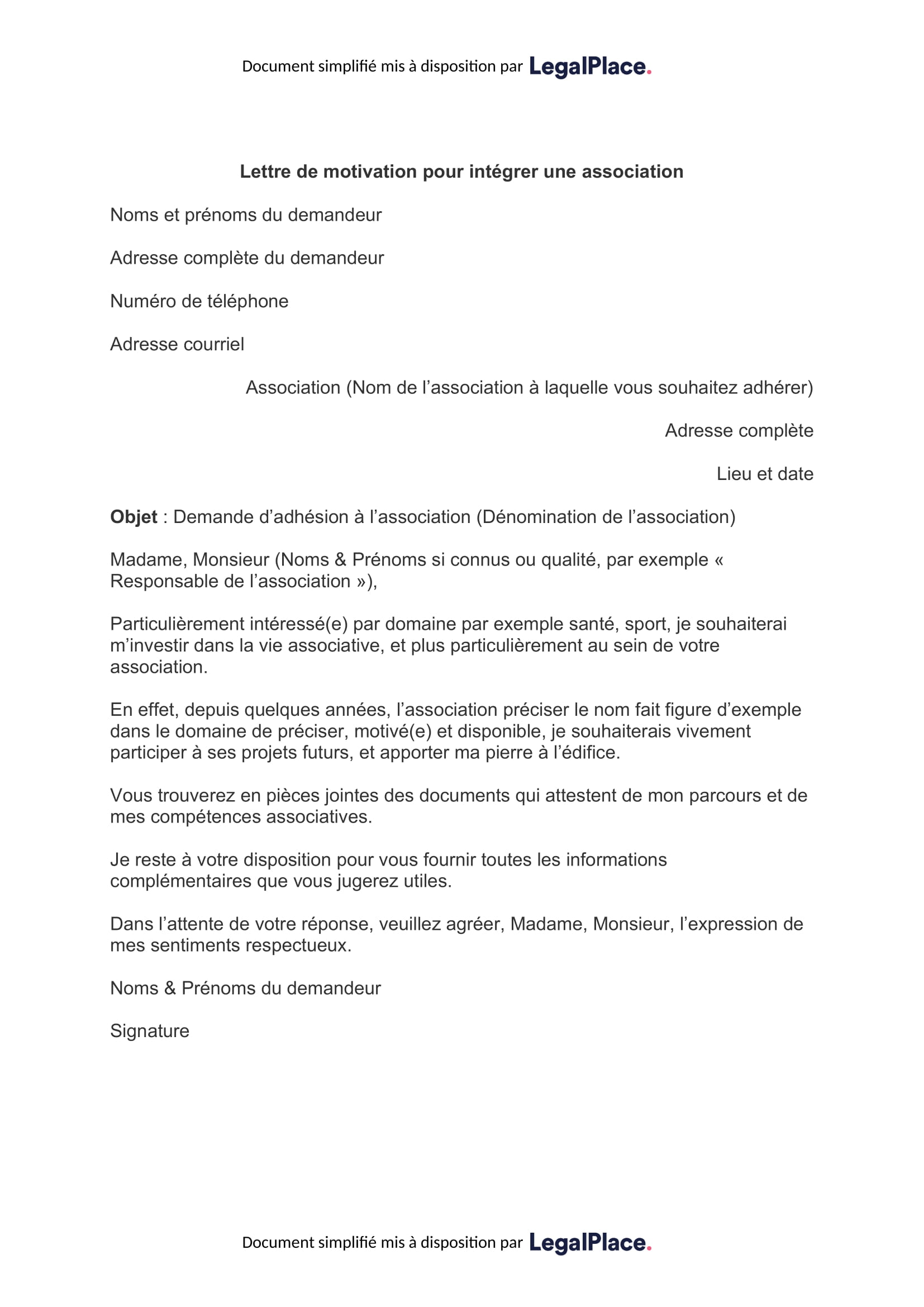 Lettre De Motivation Pour Intégrer Une Association Pdf