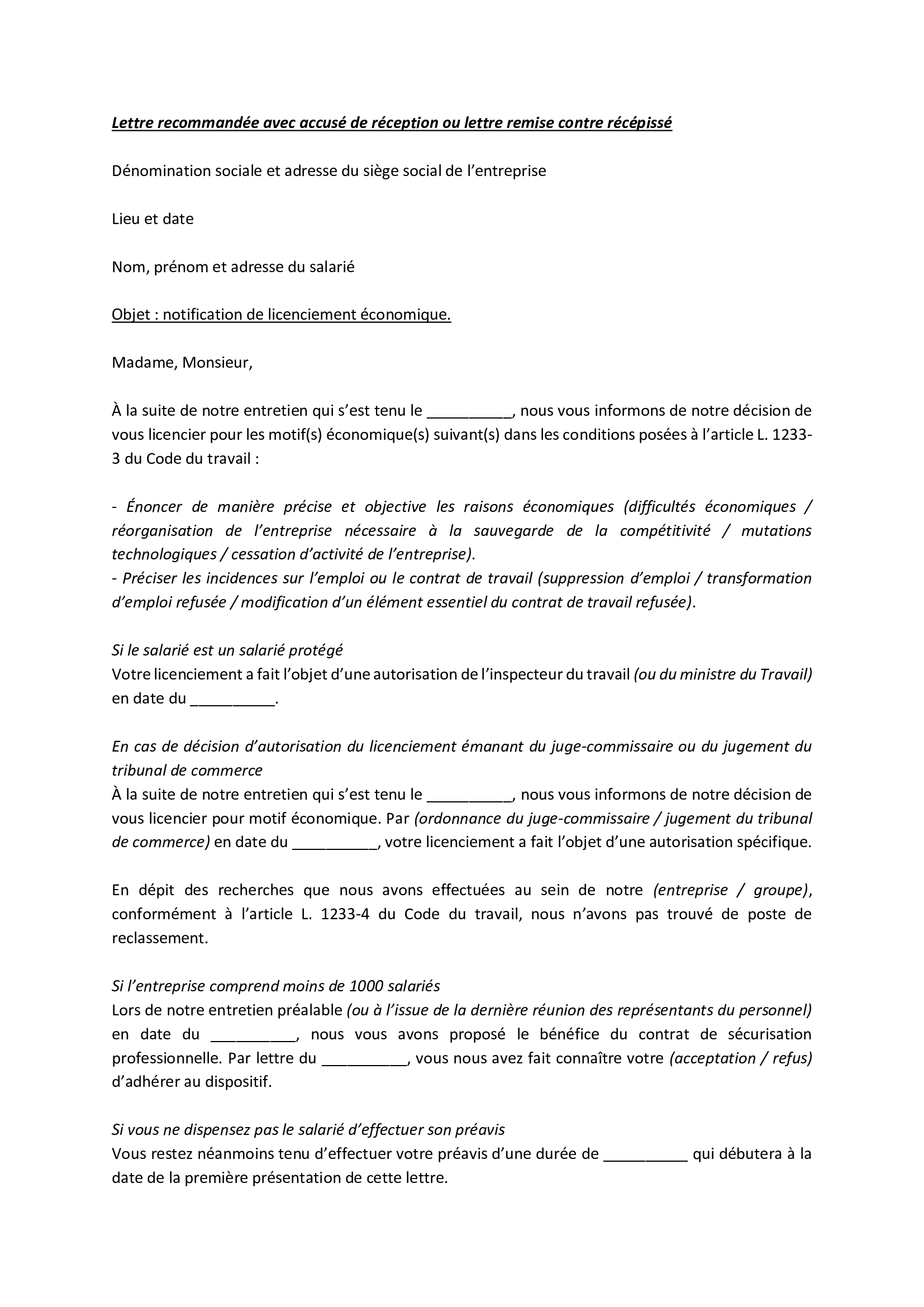 Lettre De Licenciement Economique Modele Gratuit