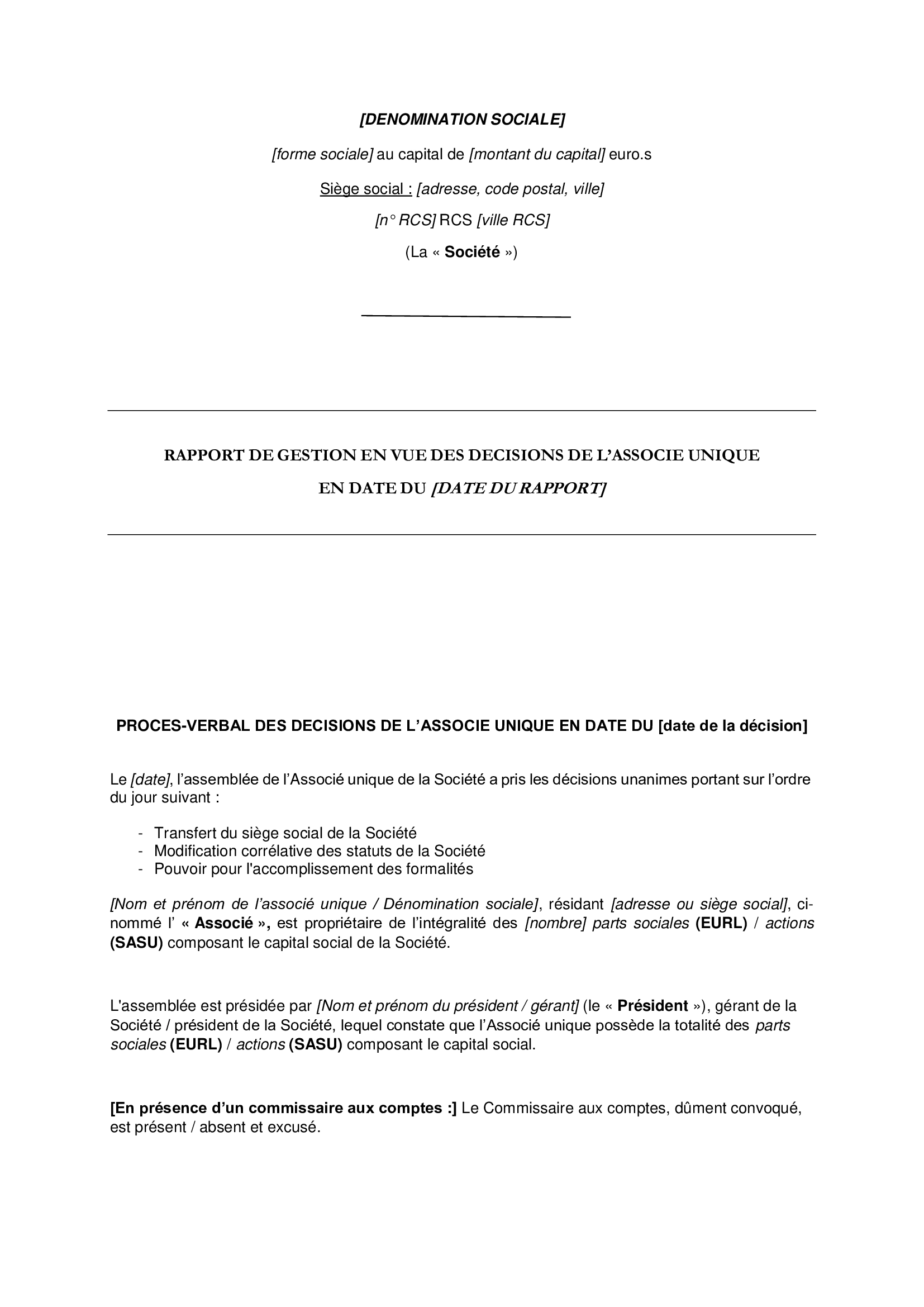 Modele Pv Age Transfert Siege Social Sasu Modèle de PV d'AG pour transfert de siège social (gratuit)