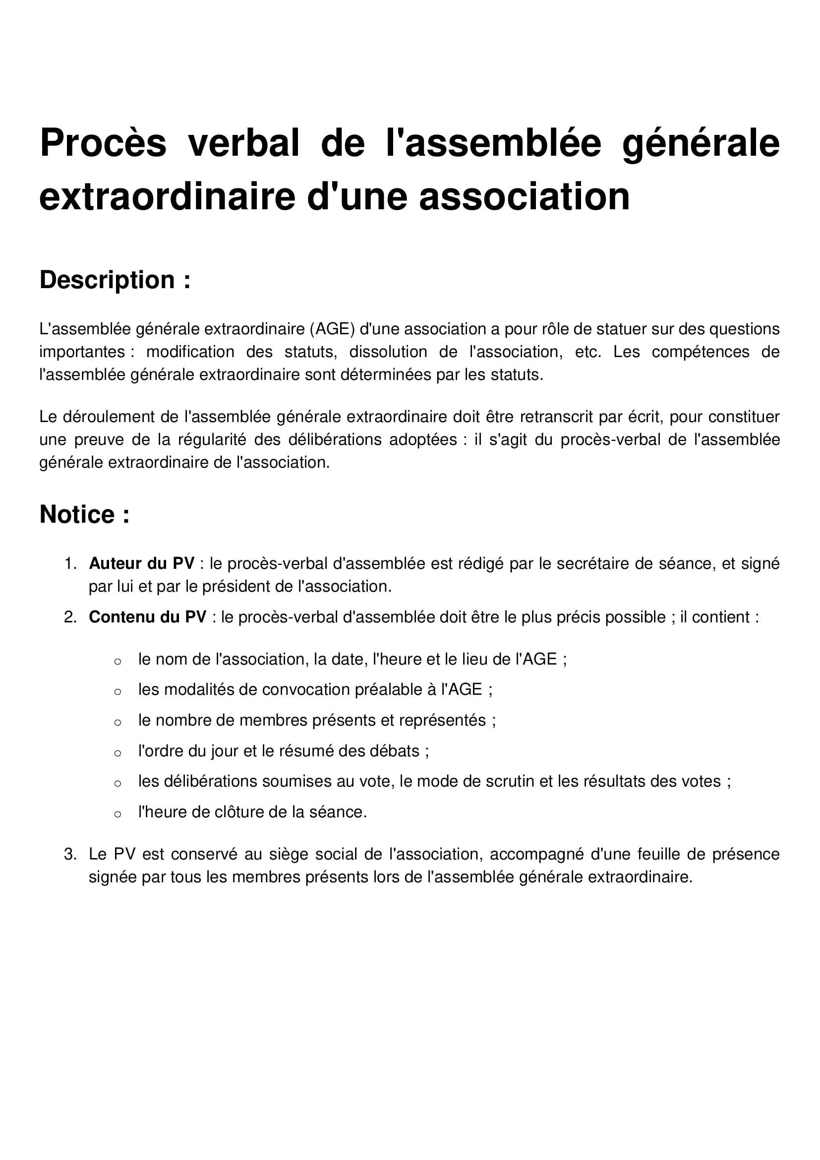 Procès verbal de l'assemblée générale extraordinaire