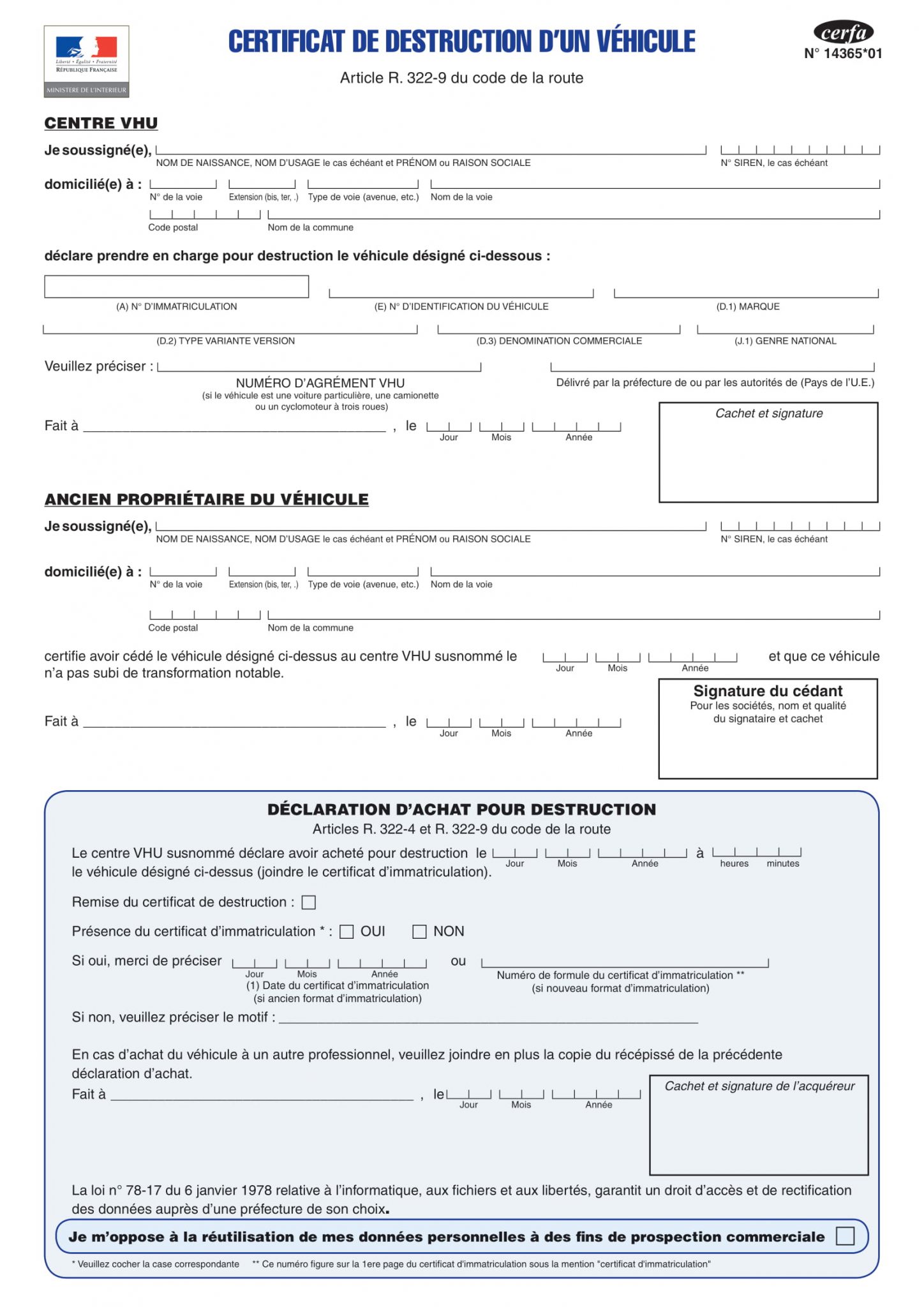 Le certificat de destruction d’un véhicule Cerfa 14365*01