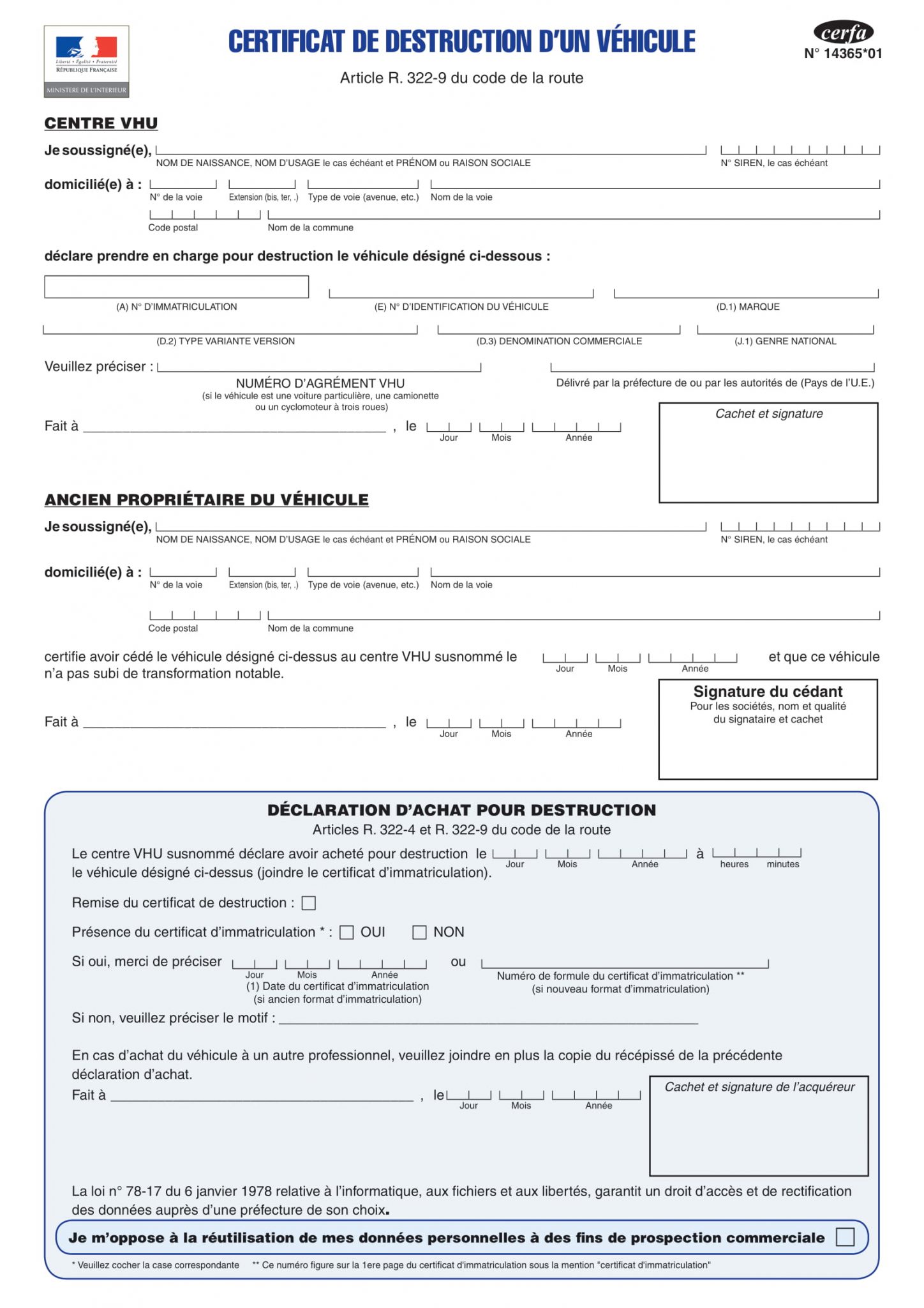 Le certificat de destruction d’un véhicule Cerfa 14365*01