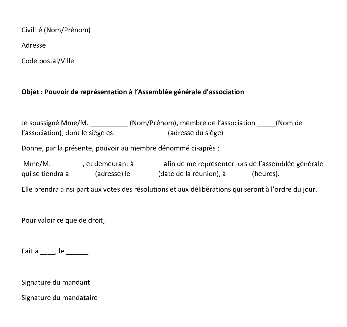 Modele pouvoir AG association loi 1901