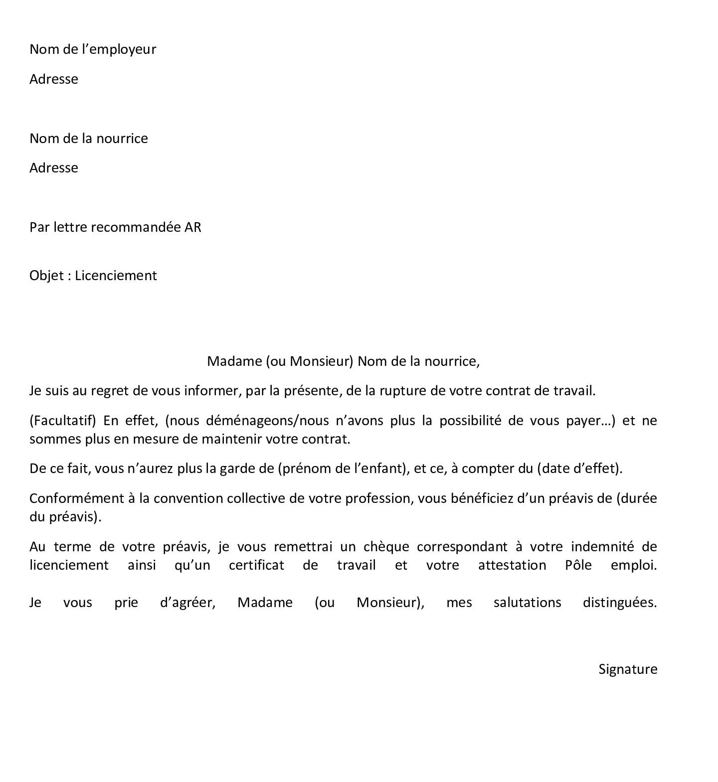 Modèle de lettre de licenciement d'une nourrice