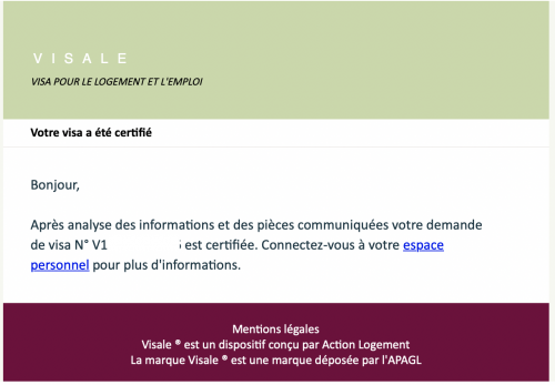 Mail de notification d'acceptation de demande de visa visale