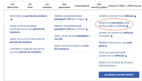 Demande de duplicata de carte grise sur le site ANTS
