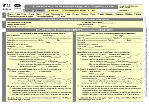 Formulaire de déclaration des bénéficiaires effectifs d'une société