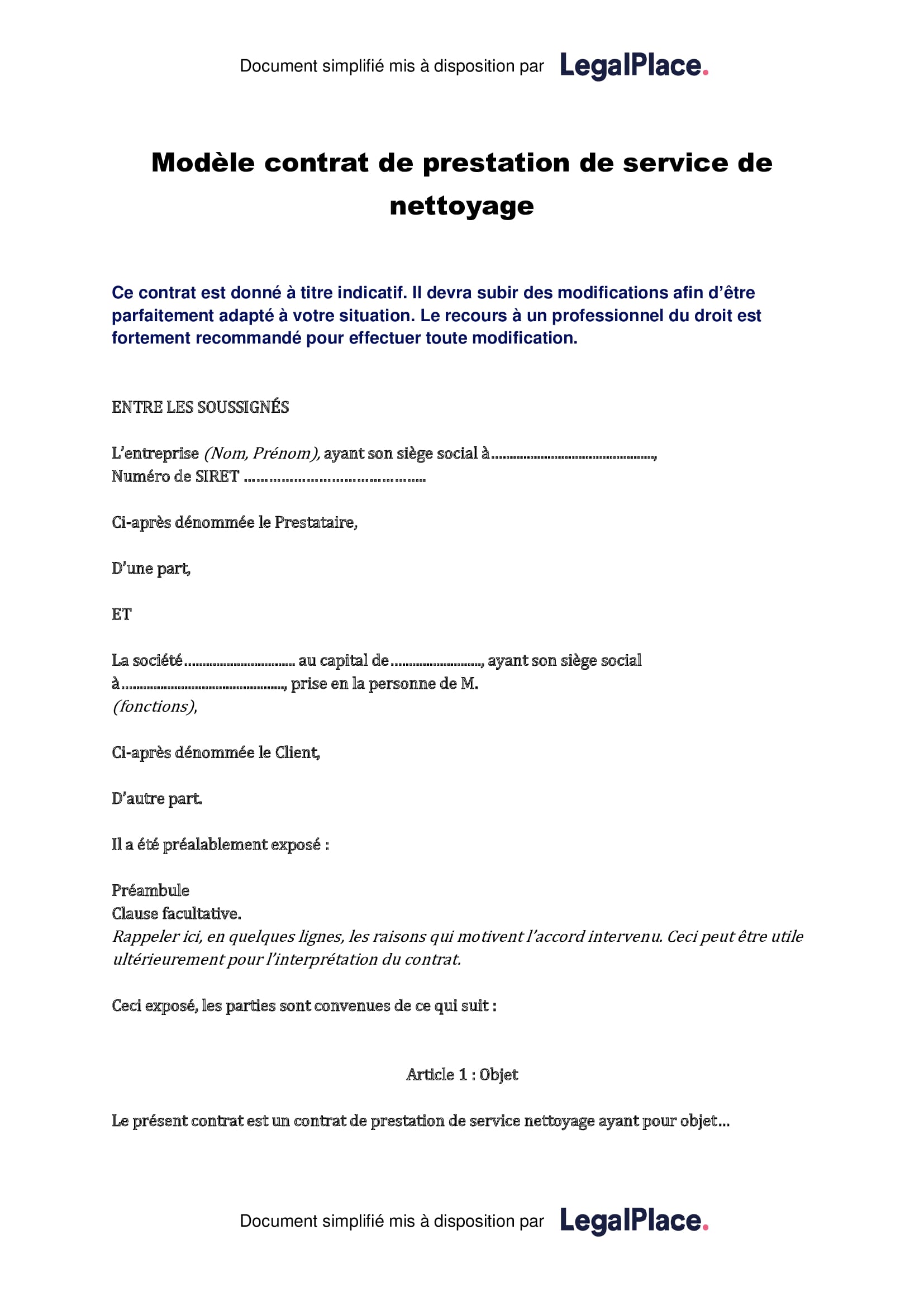 Modèle de contrat de prestation de service de nettoyage