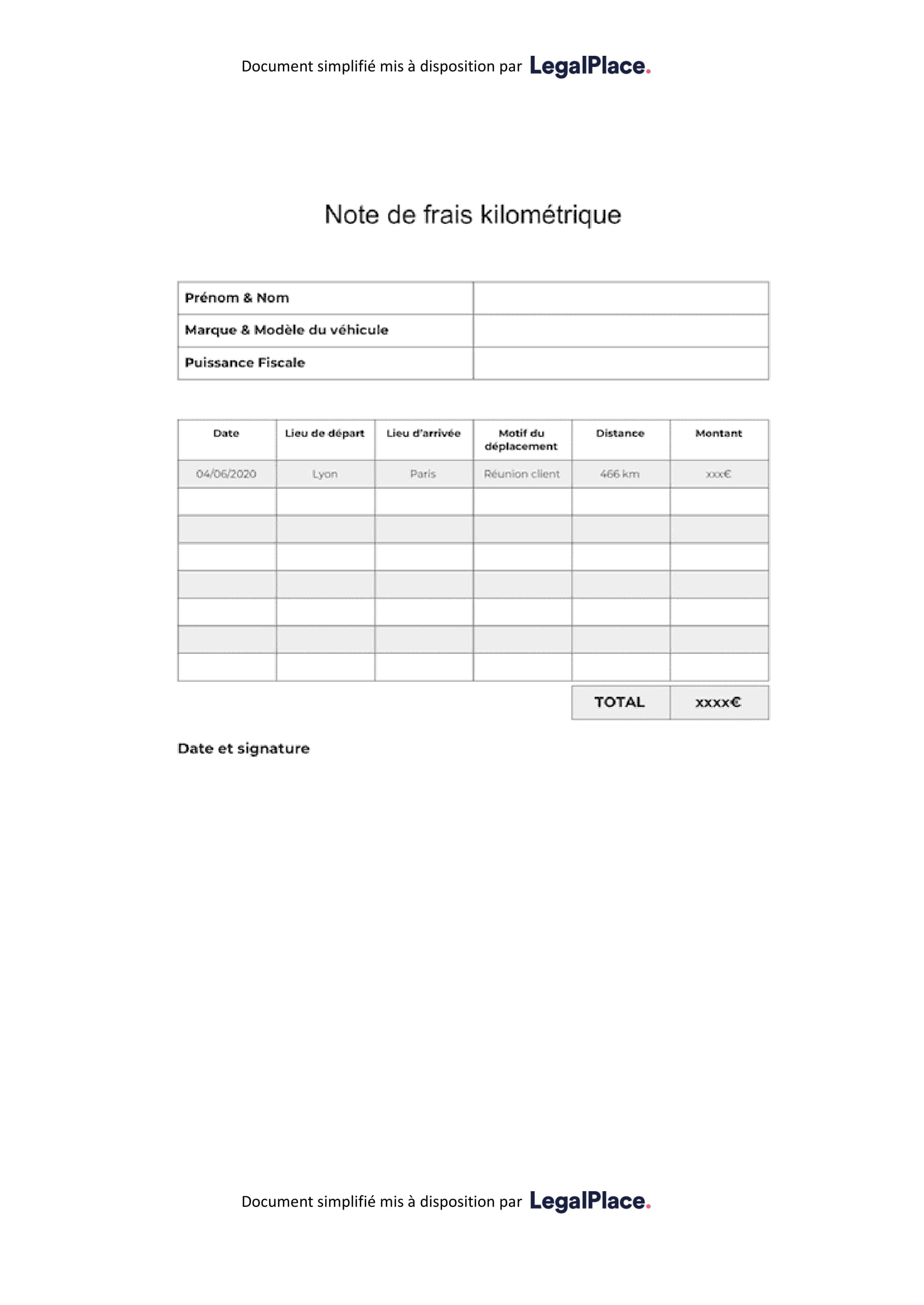 Modèle de note de frais kilométrique