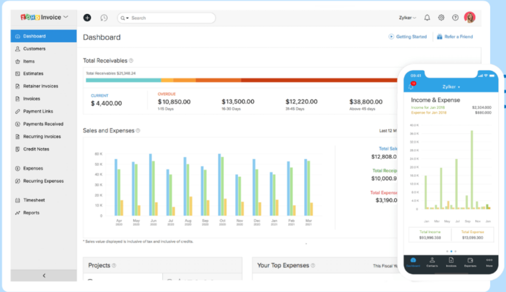 interface logiciel zohoInvoice