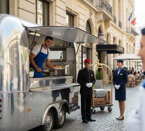 Un food-truck dans une rue avec un hôtel et des hôtelliers restaurateurs. 
