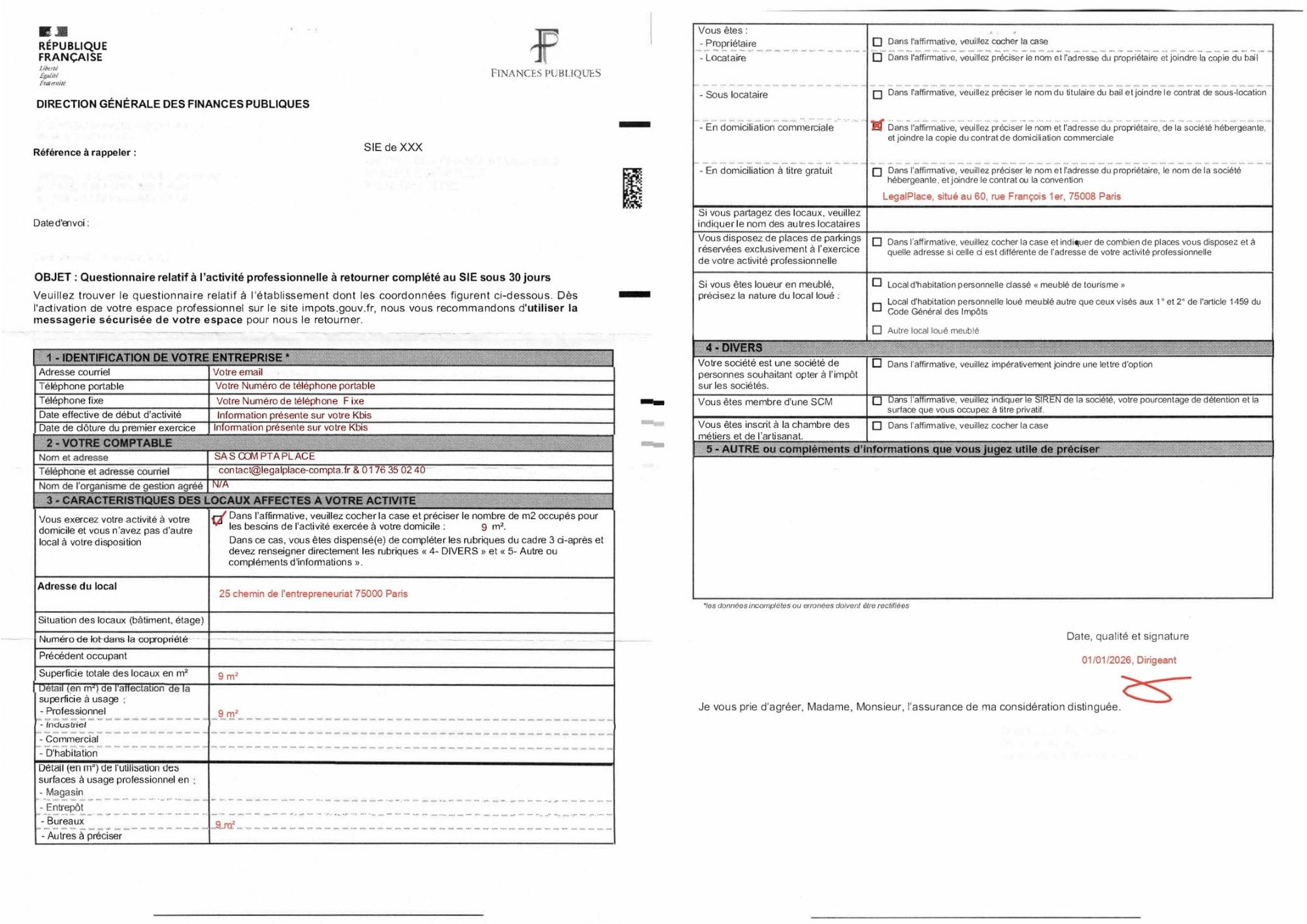 Exemple de questionnaire relatif à l'activité professionnelle