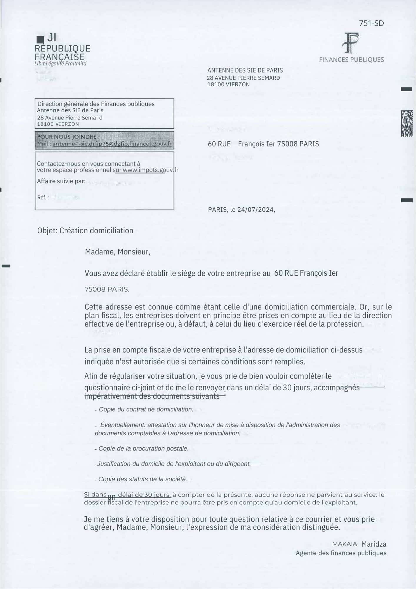 Exemple formulaire création de domiciliation courrier