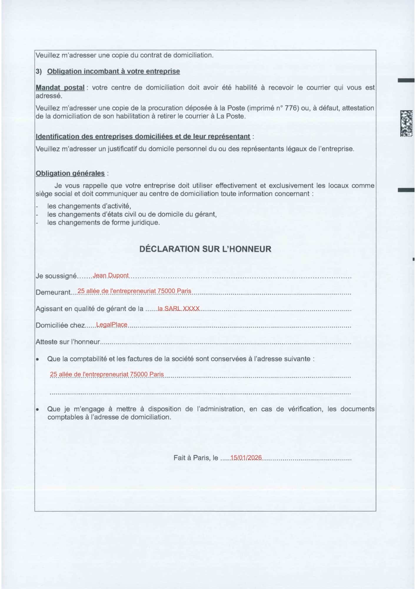 Exemple formulaire création de domiciliation page 2